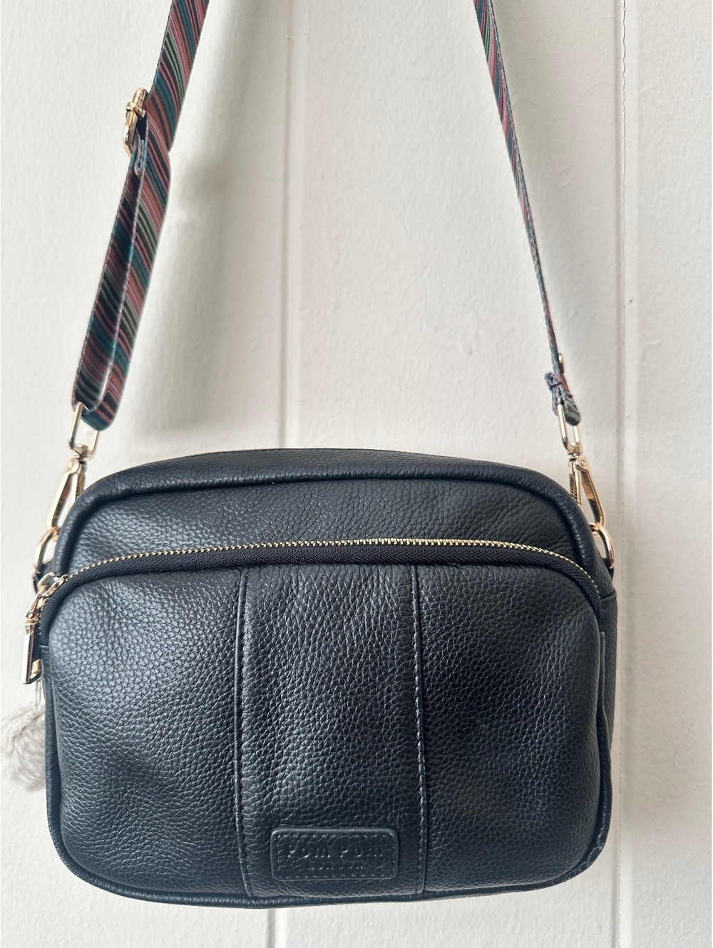 Pom Pom London Original Leather Bag - Black with Orange Multi Stripe Strap GUC